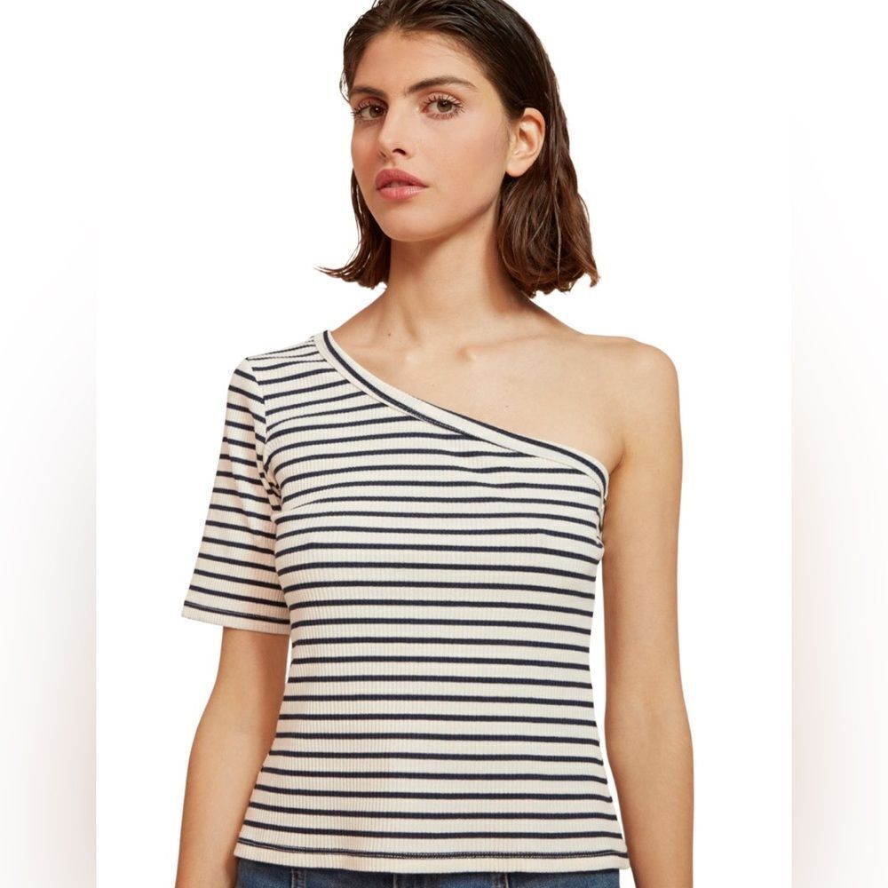RITA ROW Ras Striped Blue Top One-Shoulder Size Large
